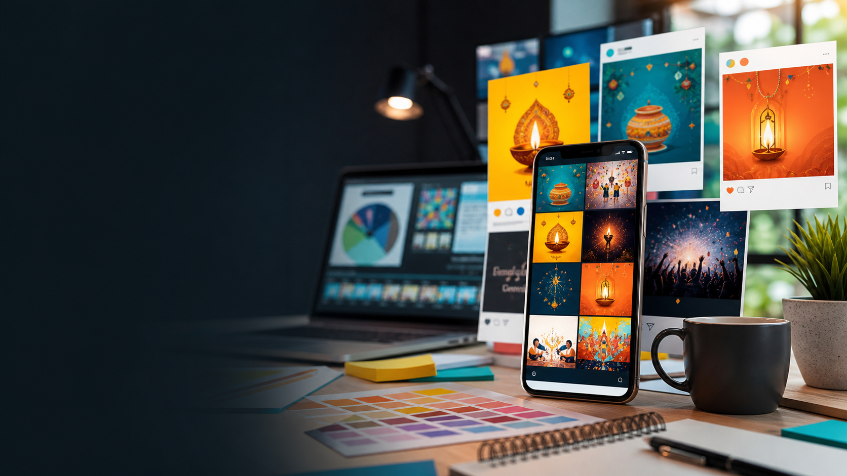 Digital poster designs shown on a smartphone and studio workspace